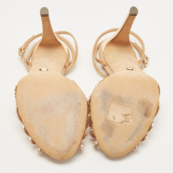 Sergio Rossi Gold Crystal Embellished Satin T-Bar Ankle Strap Sandals Size 36 - Picture 5 of 8